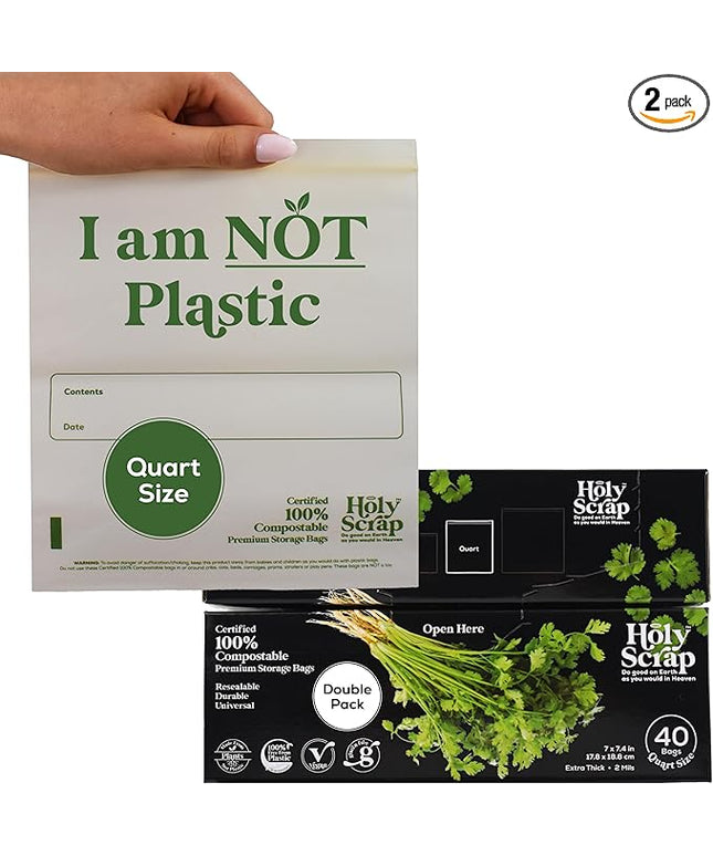 100% Compostable Food Storage Bags QUART Size - 80 Pack - Resealable Extra Strength Zip Seal Bags Made from Plants, Eco Friendly, Freezer Safe - BPI Certified, OK Compost Home