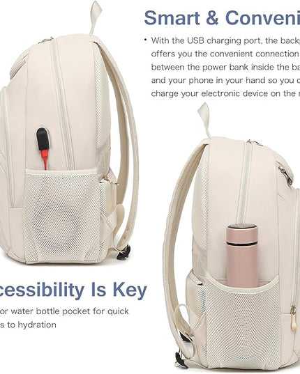 Boavan Laptop Backpack for women,15.6 inch Laptop Bag with USB Port, Waterproof Travel Work Backpack Purse, Anti-Theft Teacher Nurse Doctor Casual Bookbags Office Business backpack，Cream Beige