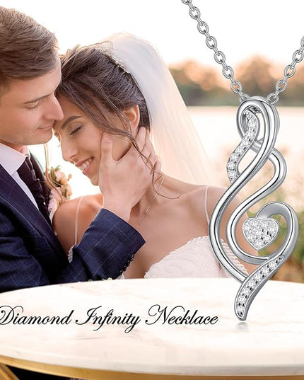 ZBA Natural Diamond Infinity Necklace for Women, 14K White Gold Plated Sterling Silver Diamond Eternal inifnity Pendant Necklaces Jewelry, Birthday Christmas Gifts for Mom Her Wife(Color F-G/Clarity I1-I2)
