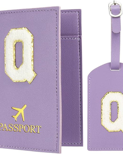 PATIKIL Passport Holder for Travel, Initial Passport Cover and Luggage Tag Set with Alphabet Chenille Letter Patch Travel Wallet Bag Suitcase Identifier for Women Family Travel Purple Q
