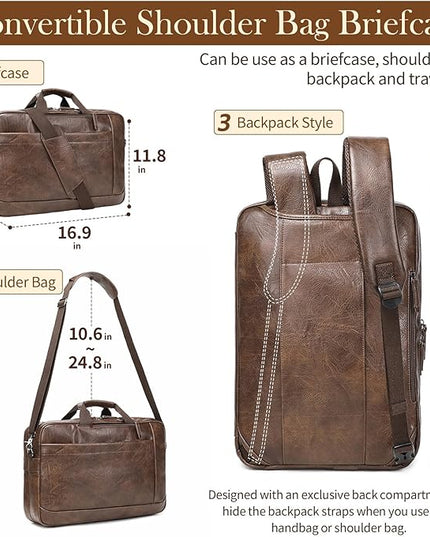 Faux Leather Messenger Bag for Men 17-17.3 Inch: Convertible 3 in 1 Backpack Laptop Bag Briefcase Computer Handbags Shoulder Crossbody Bag with Padded Laptop Sleeve for Work College Travel, PU Coffee