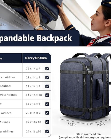 Travel Backpack,Expandable 40-50L Carry on Backpack with USB Cable Port,Fits 17.3 Inch Laptop,Flight TSA friendly,Anti Theft Water Resistant Laptop Backpack for Men Women Weekend Travel,Commuting,Blue