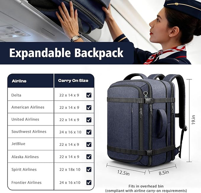 Travel Backpack,Expandable 40-50L Carry on Backpack with USB Cable Port,Fits 17.3 Inch Laptop,Flight TSA friendly,Anti Theft Water Resistant Laptop Backpack for Men Women Weekend Travel,Commuting,Blue