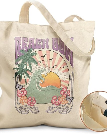 Aesthetic Tote Bag for Girls - with Magnetic Buckle and Zipper Inner Pocket for Women Lady Canvas Cotton Tote Bag