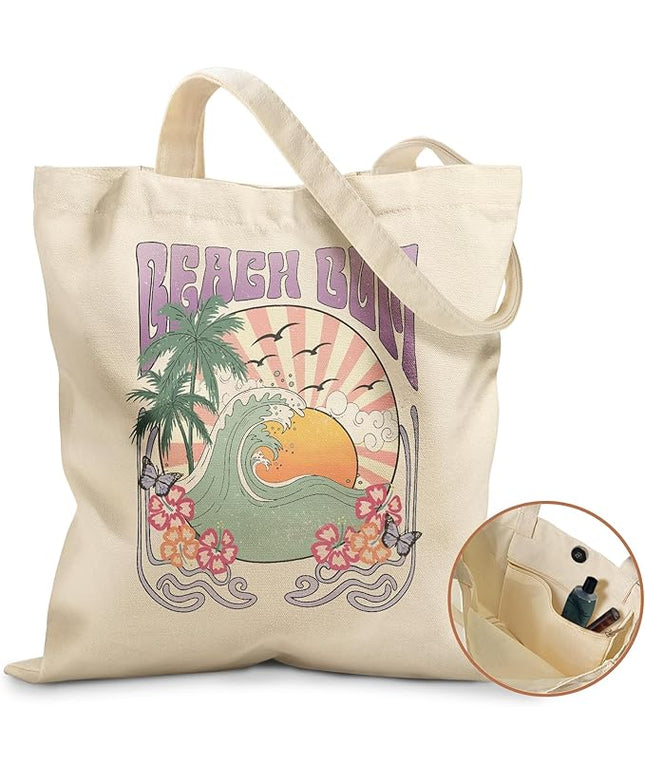 Aesthetic Tote Bag for Girls - with Magnetic Buckle and Zipper Inner Pocket for Women Lady Canvas Cotton Tote Bag