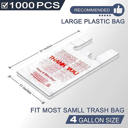 YoYoRain 1000 Pack White Thank You T-Shirt Bags with Handles, 11"x6"x21" Plastic Shopping Bags for Grocery, Retail & Takeout