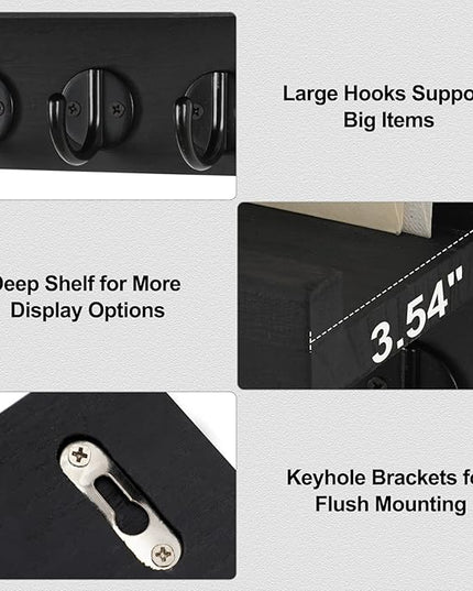 Lwenki Key Holder for Wall, Decorative Key and Mail Holder with Shelf Has Large Hooks for Bags, Coats, Umbrella – Paulownia Wood Key Hanger with Mounting Hardware (9.8”W x 6.7”H x 4.2”D)