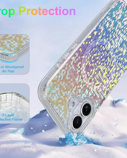 Glitter Case for iPhone 17 Case for Women Girls [Compatible with Magsafe] Clear Cute Girly Aesthetic Colorful Iridescent Rainbow Sparkly Sparkle Bling Magnetic Protective Phone Cover