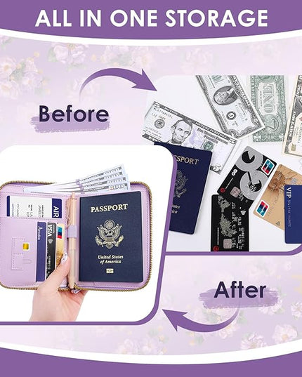 Passport Holder, Passport Holder For Travel, Passport Cover For Travel Essentials, Passport Wallet Cover RFID Blocking, Cute Passport Book for Women and Men, Purple Flowers