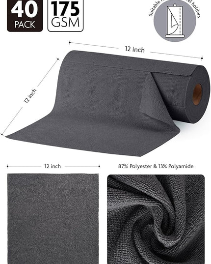 Fantasticlean Microfiber Cleaning Cloth Roll -40 Pack, Tear Away Microfiber Towels, 12" x 12", Reusable, Washable, Scratch Free, Ultra Absorbent for All-Around Cleaning Supplies (DimGrey)