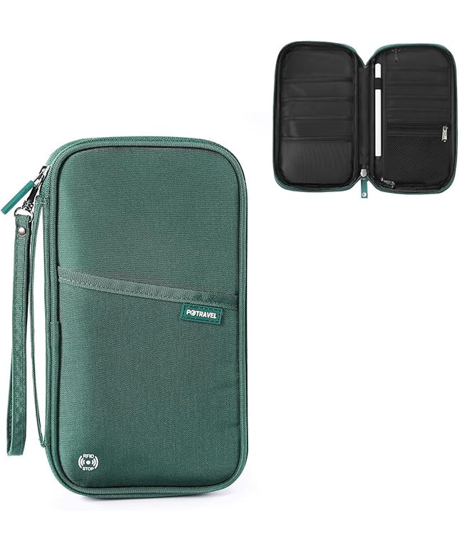 Travel Passport Holder, Large Family Passport Walle for Men Women RFID Passport Cover Lightweight Portable Document Organizer with Wrist Strap (Green)