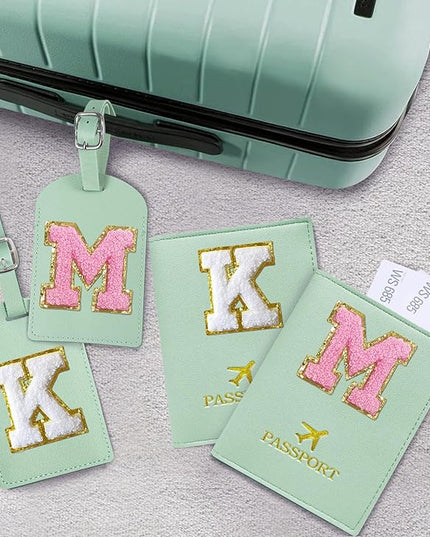 COSHAYSOO Green Passport Cover and Luggage Tag Set TSA Approved with Her Initial Chenille Letter Patch, Trending Traveling Bag Backpack Suitcase Identifier Birthday Gifts for Women Girls (N)