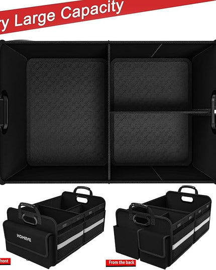 Homeve Trunk Organizer for Car, Collapsible Storage Box, Car Storage Organizer, 3 Compartment, Multi Pockets, Non Slip Strips, Adjustable Securing Straps, Black