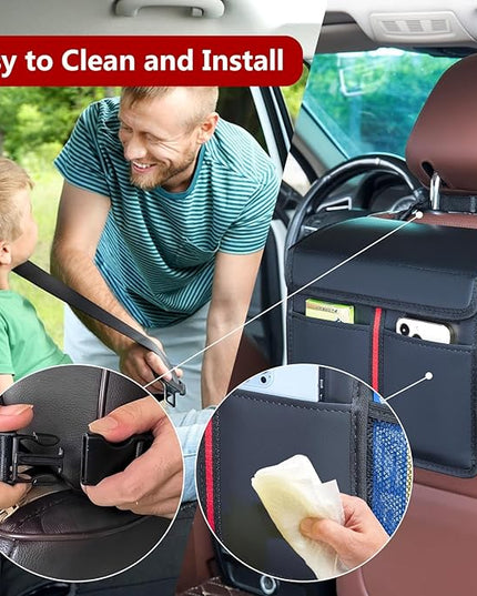 Hanging Car Seat Organizer with Lid - Premium PU Leather Backseat Organizer for Kids & Adults (Black)