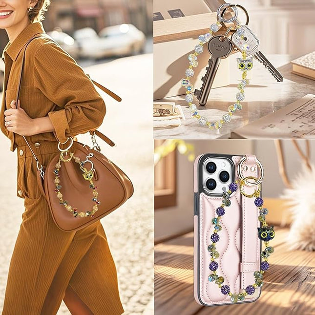 Beaded Phone Wrist Strap for Women with Cute Owl Charm, Anti-Lost Keychain Bracelet Lanyard for Cellphone, Handbag, and Keys (Owl-(Silver)