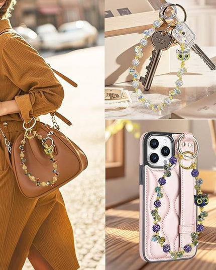 Beaded Phone Wrist Strap for Women with Cute Owl Charm, Anti-Lost Keychain Bracelet Lanyard for Cellphone, Handbag, and Keys (Owl-(Purple)