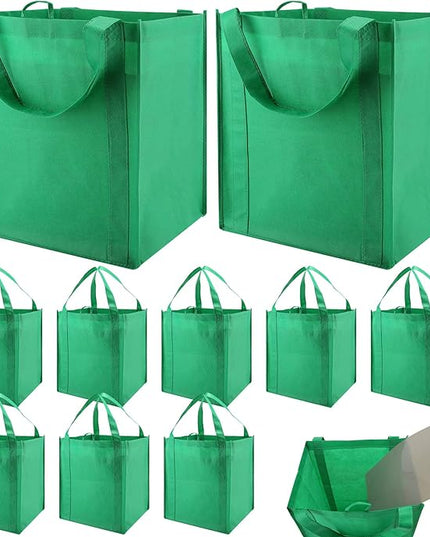 NERUB Set of 10 Reusable Grocery Bags Heavy Duty Shopping Bags Large Grocery Totes with Reinforced Bottom Super Sturdy Handles, Green