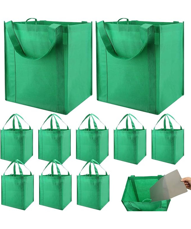 NERUB Set of 10 Reusable Grocery Bags Heavy Duty Shopping Bags Large Grocery Totes with Reinforced Bottom Super Sturdy Handles, Green