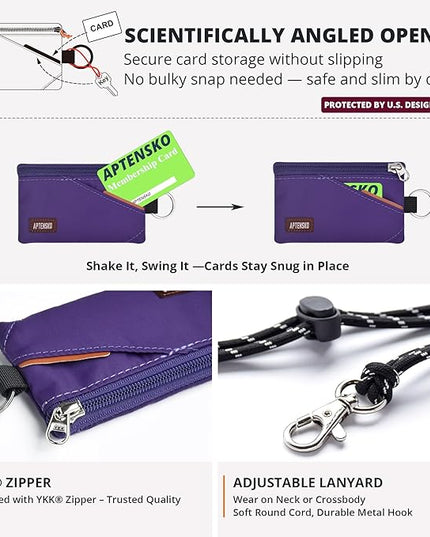 RFID Travel Wallet with Adjustable Lanyard-Zipper Small Wallet with ID Card Holder, Keychain for women&men-Minimalist Slim Waterproof Nylon case for ID, Cash, Key (Deep Purple)