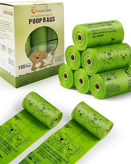 OrangeBio Dog Poop Bags, 100% Certified Home Compostable, 13 x 9 Inches - 180 Count (15 Bags per Roll, 12 Rolls), OK Compost Home