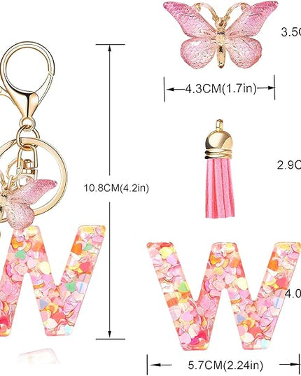 Fashion Alphabet Initial Letter Keychain Tassel Butterfly Pendant Key Ring for Purse Handbags Women Girl