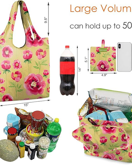 BeeGreen Floral Reusable Grocery Bags Bulk 6 Packs X-Large50LBS, Reusable Shopping Bags Foldable for Groceries, Vegetables, Fruits Bulk Tote Bags Washable For Women Men