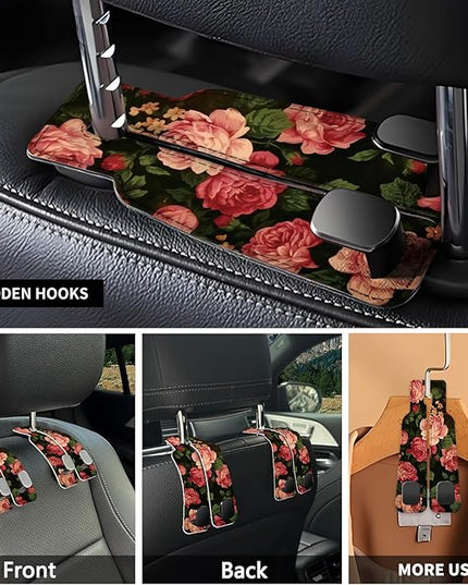 Car Seat Headrest Hook, Universal Leather Cute Hanger Holder Hook, Storage Organizer Interior Accessories for Purse Bags Handbag Cute Red Flowers