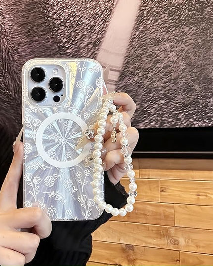 Compatible with iPhone 15 Pro Cases,Cute Flower Phone case with Floral Pearl Chain,Compatible MagSafe Silicone Shockproof Phone case for Women and Teenage Girls.
