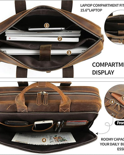 Jack&Chris Full Grain Leather Briefcase for Men, Business Messenger Bag Laptop Bag Attache Case, Fits 15.6 Inch Laptop