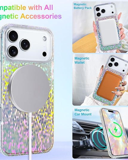 Glitter Case for iPhone 17 Pro Max Case for Women Girls [Compatible with Magsafe] Clear Cute Girly Aesthetic Colorful Iridescent Rainbow Sparkly Sparkle Bling Magnetic Protective Phone Cover