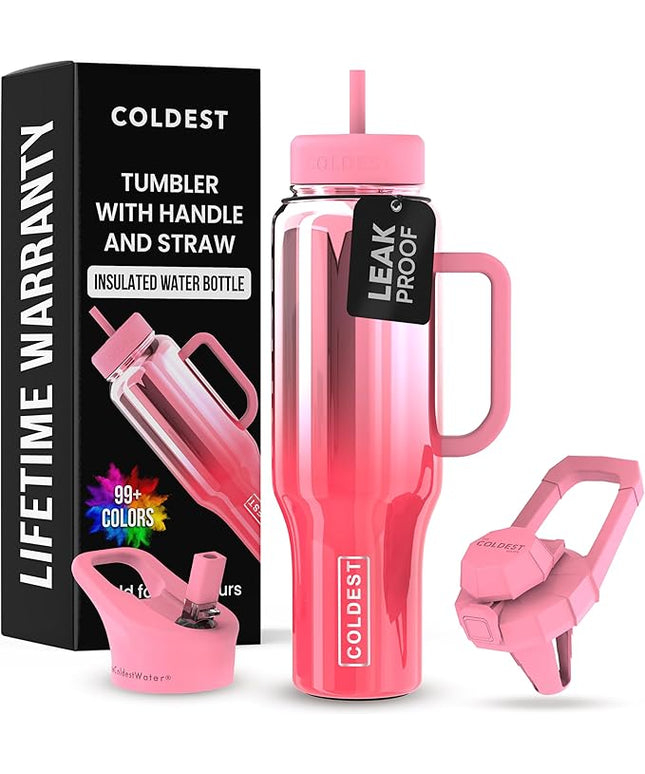 Coldest Tumbler with Handle and Straw - 100% Spill Proof Tumbler with Straw (3 Lids) - Stainless Steel Insulated Leakproof Tumblers for Women & Men - Cup Holder Friendly - 46 oz (Lily Nova)