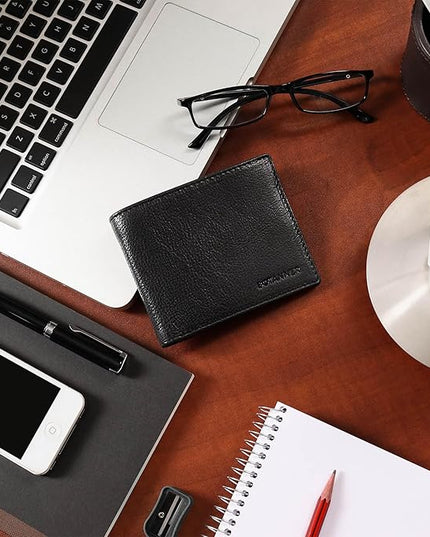 BOTANNER Genuine Leather Bifold Mens Wallet RFID Blocking 5 Credit Card Slots 1 ID Window 2 Sections for Bills 2 Additional Slots | Black