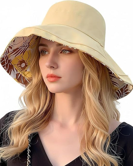 HUAMULAN Women Summer Sun Hat Wide Brim Wired Edge Floral Beach Bucket Hats Reversible Foldable Travel UV Protection Lady Hat