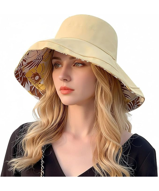 HUAMULAN Women Summer Sun Hat Wide Brim Wired Edge Floral Beach Bucket Hats Reversible Foldable Travel UV Protection Lady Hat