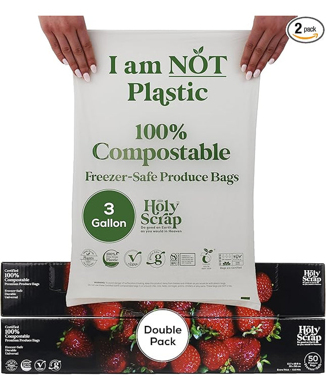 100% Compostable Produce Freezer Bags 3 Gallon Size - 100 Pack - Freezer Safe Bag for Food Storage, Eco Friendly, Plant Based Recyling Kitchen Storage Bags - BPI Certified, OK Compost Home
