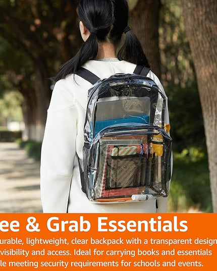 Amazon Basics Transparent School Backpack, With Water-Resistant PVC Plastic Material and Ruggedly Reinforced Shoulder Straps, Clear