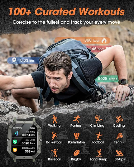 Military Smart Watches for Men (Answer/Make Calls), Waterproof Rugged Fitness Tracker with Blood Pressure/Heart Rate/SpO2/Sleep, Bluetooth Tactical Smart Watch for Android and iPhone, Military Green