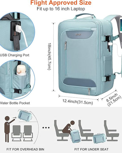 PIJUSHI Travel Backpack for Women Flight Approved Carry on Bag 16 inch Laptop Personal Item Daypack with Shoe Compartment(PE038 Blue)