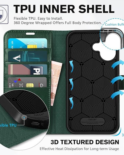 TUCCH Case Wallet for iPhone 16, Protective [TPU Shockproof Inner Shell], Kickstand PU Leather RFID Blocking [4 Card Holder] Magnetic Closure Cover Compatible with iPhone 16 5G, Green