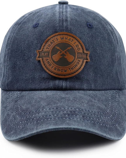That's What I Do I Play Guitar and I Know Things Hats for Men Women, Adjustable Guitar Decor Leather Patch Baseball Cap