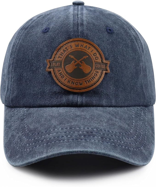 That's What I Do I Play Guitar and I Know Things Hats for Men Women, Adjustable Guitar Decor Leather Patch Baseball Cap