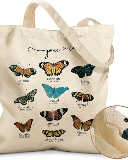 Aesthetic Tote Bag for Girls - with Magnetic Buckle and Zipper Inner Pocket for Women Lady Canvas Cotton Tote Bag
