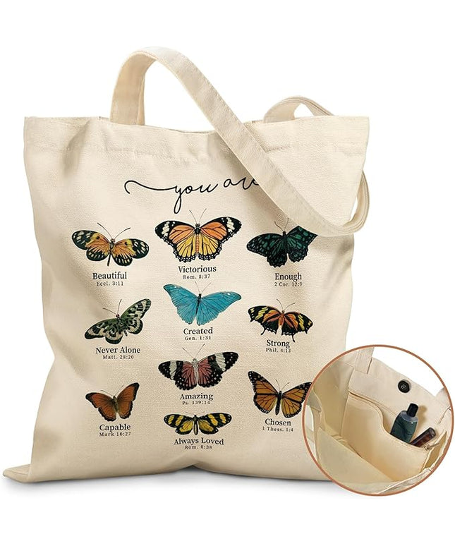 Aesthetic Tote Bag for Girls - with Magnetic Buckle and Zipper Inner Pocket for Women Lady Canvas Cotton Tote Bag