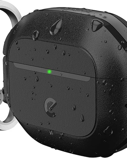 Keybudz for AirPods 4 Case with Lock - Fully Waterproof AirPods 4th Generation Case Cover - Keychain, Rugged Tough Protection, Hard Shell and Carabiner (Carbon Black)