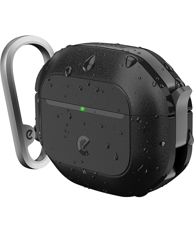 Keybudz for AirPods 4 Case with Lock - Fully Waterproof AirPods 4th Generation Case Cover - Keychain, Rugged Tough Protection, Hard Shell and Carabiner (Carbon Black)