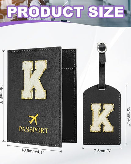 PATIKIL Passport Holder for Travel, Initial Passport Cover and Luggage Tag Set with Alphabet Chenille Letter Patch Travel Wallet Bag Suitcase Identifier for Women Family Travel Black K