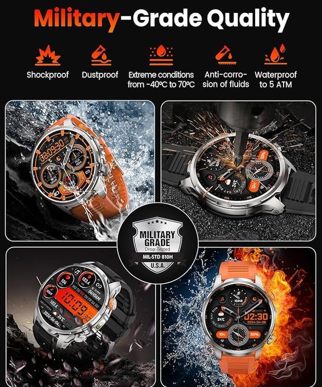 Smart Watches for Men, Military Smart Watch with 100 Days Battery/Flashlight/Heart Rate/Sleep/SpO2 Monitor/Calling/110+ Sports Mode, 5 ATM Rugged Men's Fitness Tracker Watch for Android iPhone(Silver)