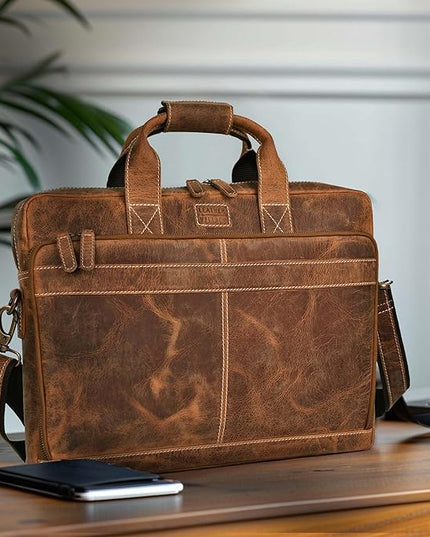 LEATHER VILLAGE 18" Leather Laptop Messenger Briefcase Bag for Men-Leather Satchel for Travel and Office Shoulder Bag- Sun Tan Brown