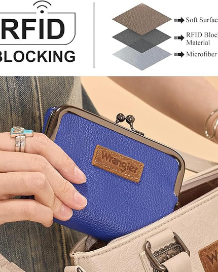 Montana West Wrangler Women's Wallet RFID Blocking Wallets Small Bifold Credit Card Holder with Kiss Clasp Navy