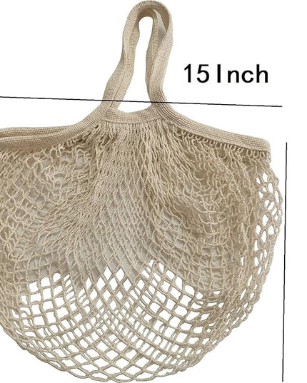 3 pack Reusable Grocery Bags Cotton Net Shopping Tote Ecology Market String Bag Mesh Beach Bags Produce Vegetable Bags (Beige)